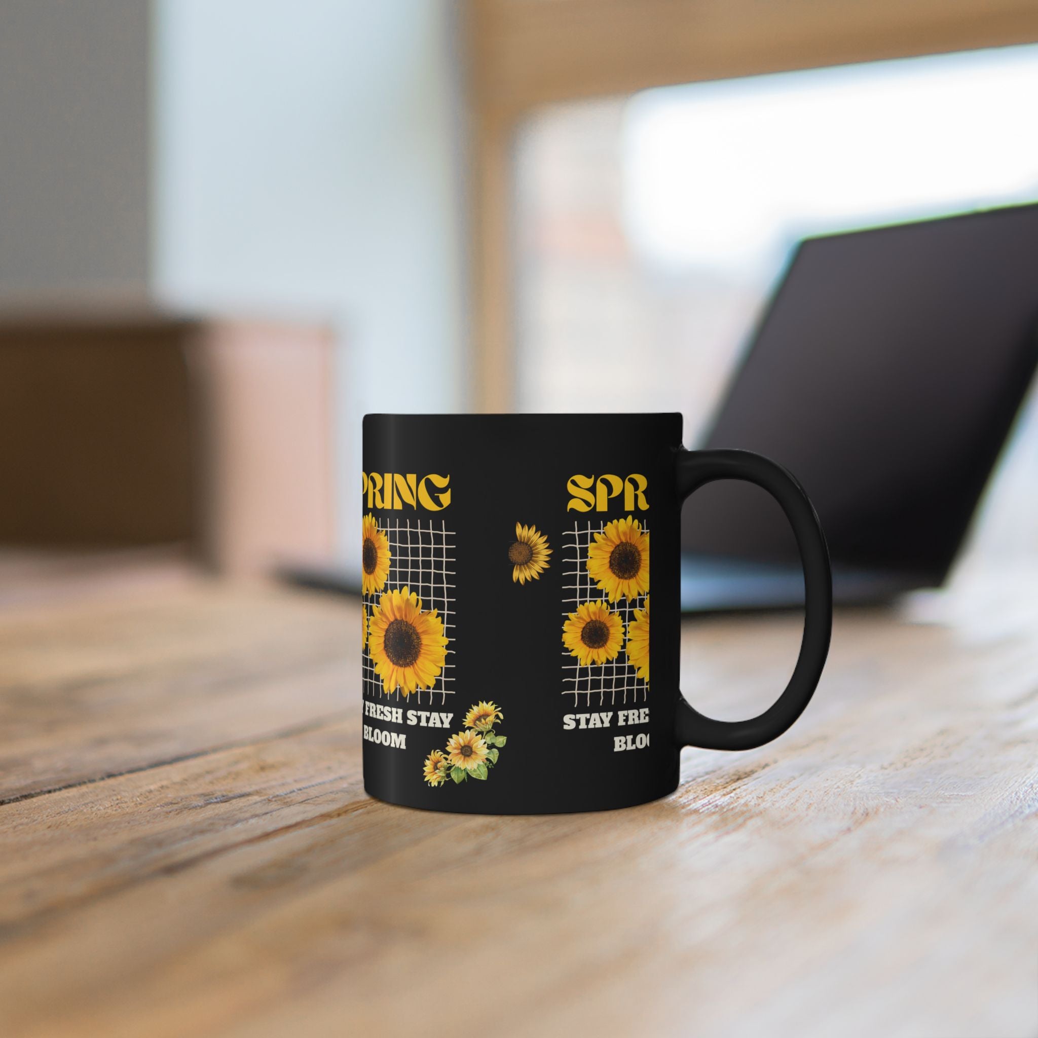 Spring Sunflowers Black Mug – “Stay Fresh Stay Bloom” 11oz/15oz