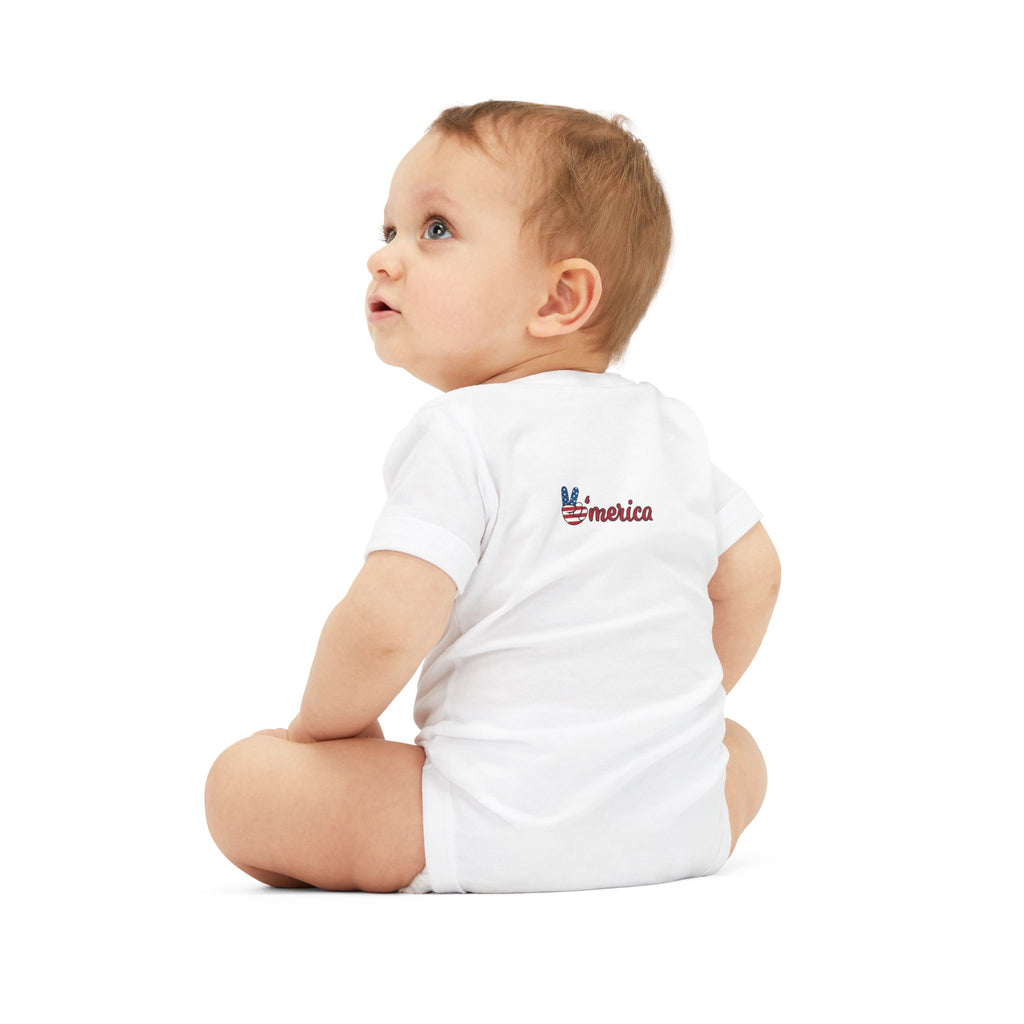 'Merica Baby Onesie – Patriotic Infant Jersey One-Piece with USA Flag Peace Hand Design
