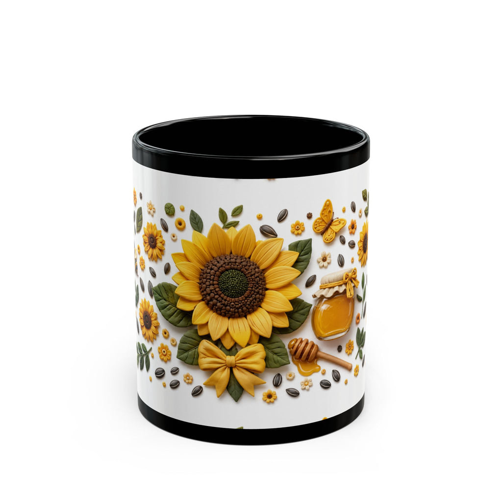 Sunflower & Honey Black Mug — Floral Bee Coffee Cup (11oz, 15oz)