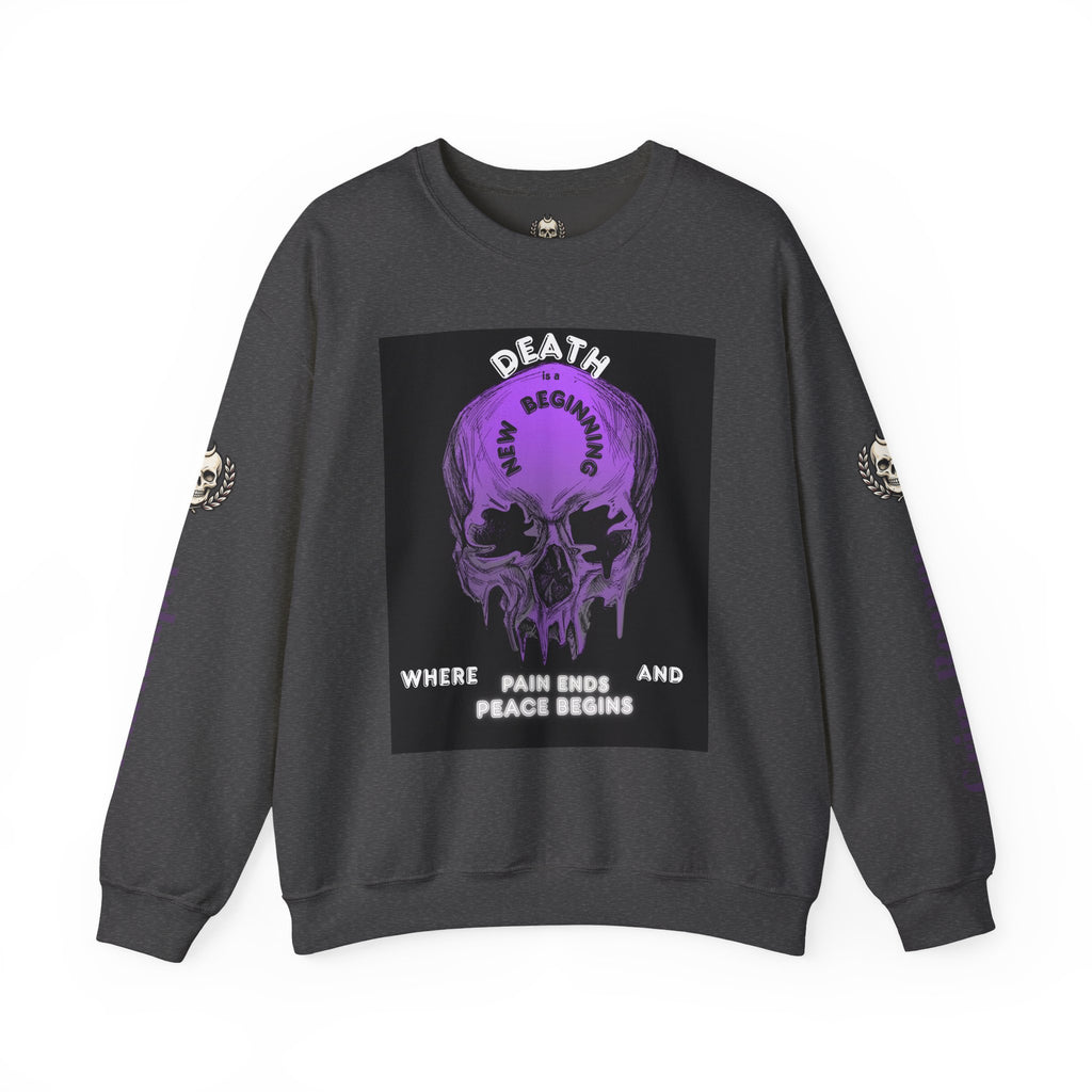 Death Skull Crewneck Sweatshirt — "Where Pain Ends and Peace Begins" Gothic Grim Reaper Pullover