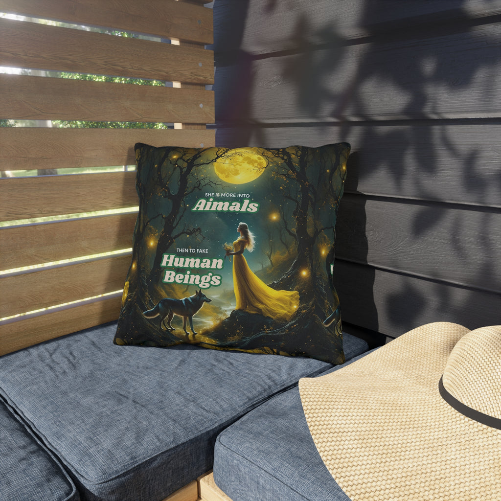 Outdoor Pillow — "She Is More Into Animals Than To Fake Human Beings" Moonlit Forest Design