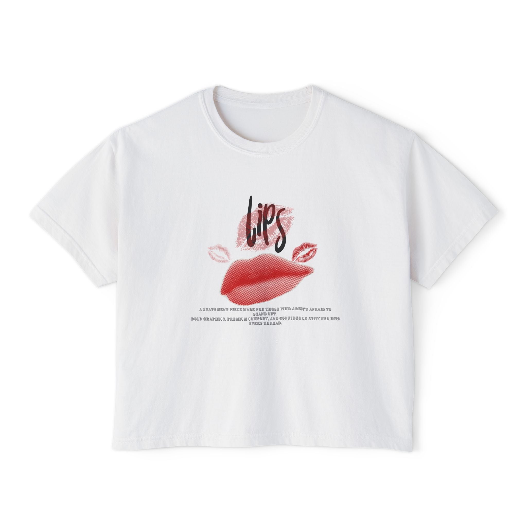 Boxy Tee - "Lips" Graphic Crop Shirt with Red Lip Print & "Sophisticated Fearless Unforgettable" Text