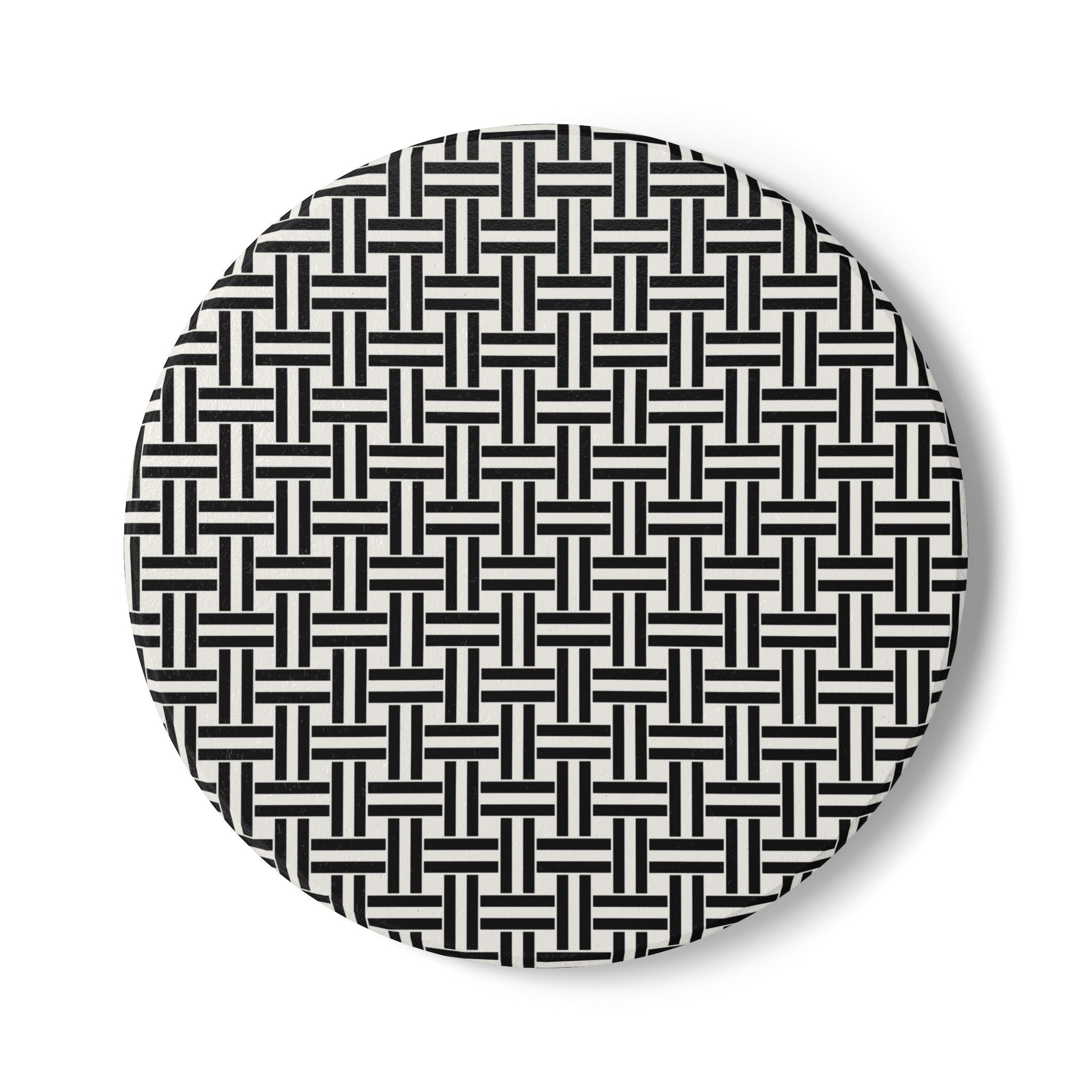 Black & White Woven Pattern Ceramic Coaster — Round Geometric Drink Mat