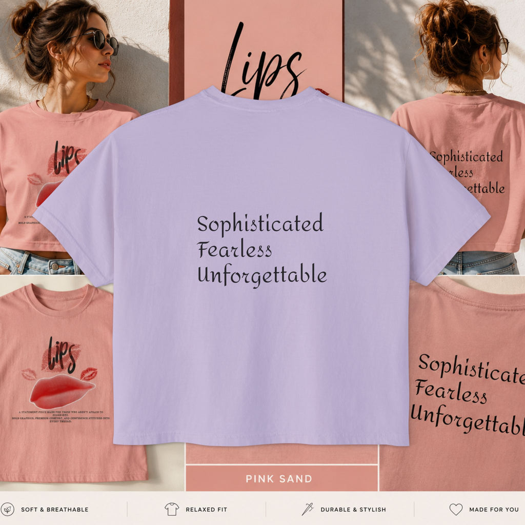 Boxy Tee - "Lips" Graphic Crop Shirt with Red Lip Print & "Sophisticated Fearless Unforgettable" Text