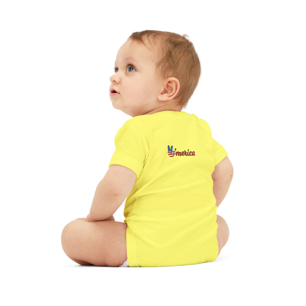 'Merica Baby Onesie – Patriotic Infant Jersey One-Piece with USA Flag Peace Hand Design