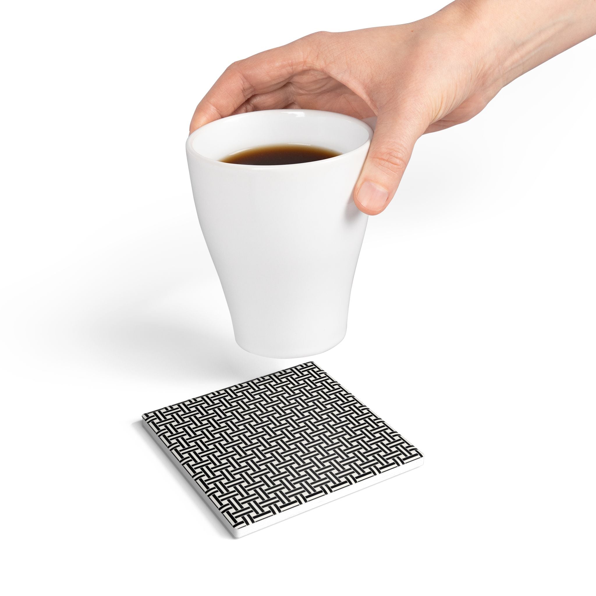 Black & White Woven Pattern Ceramic Coaster — Round Geometric Drink Mat