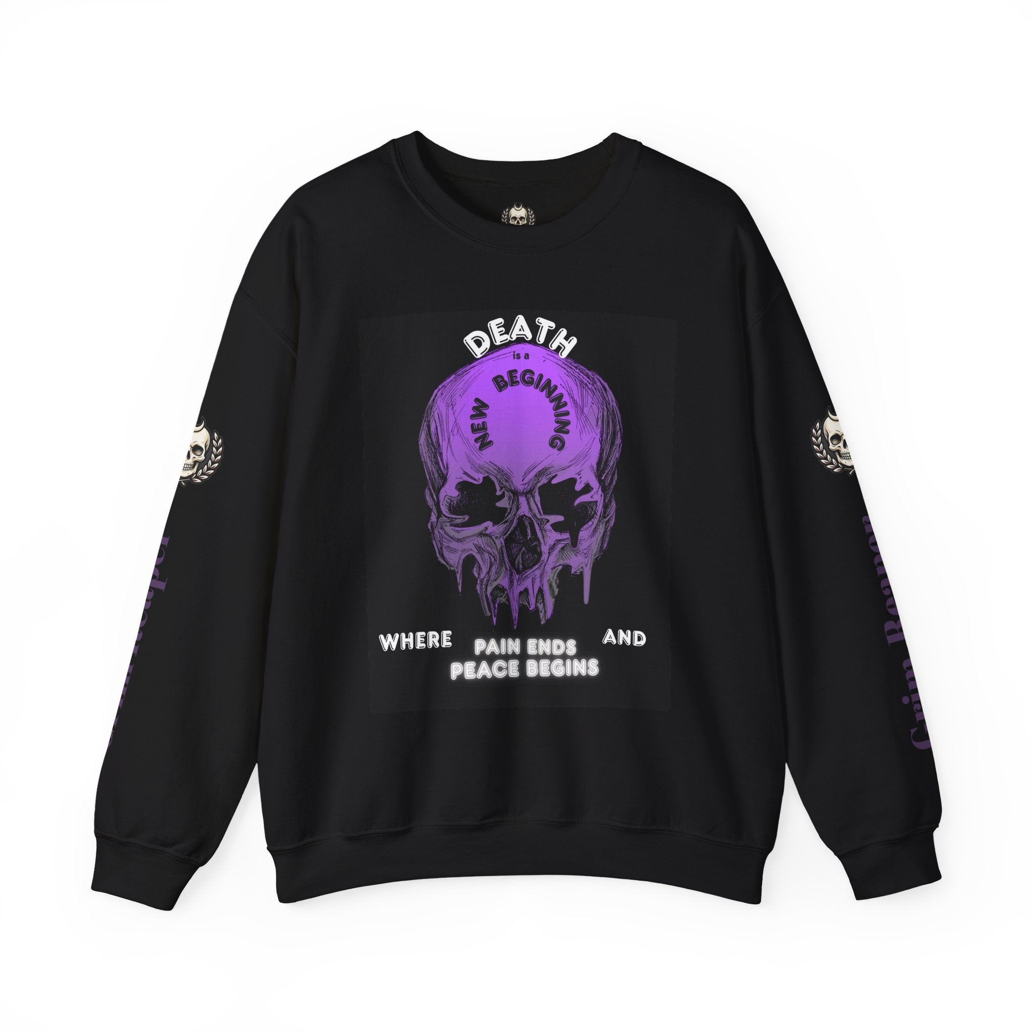 Death Skull Crewneck Sweatshirt — "Where Pain Ends and Peace Begins" Gothic Grim Reaper Pullover