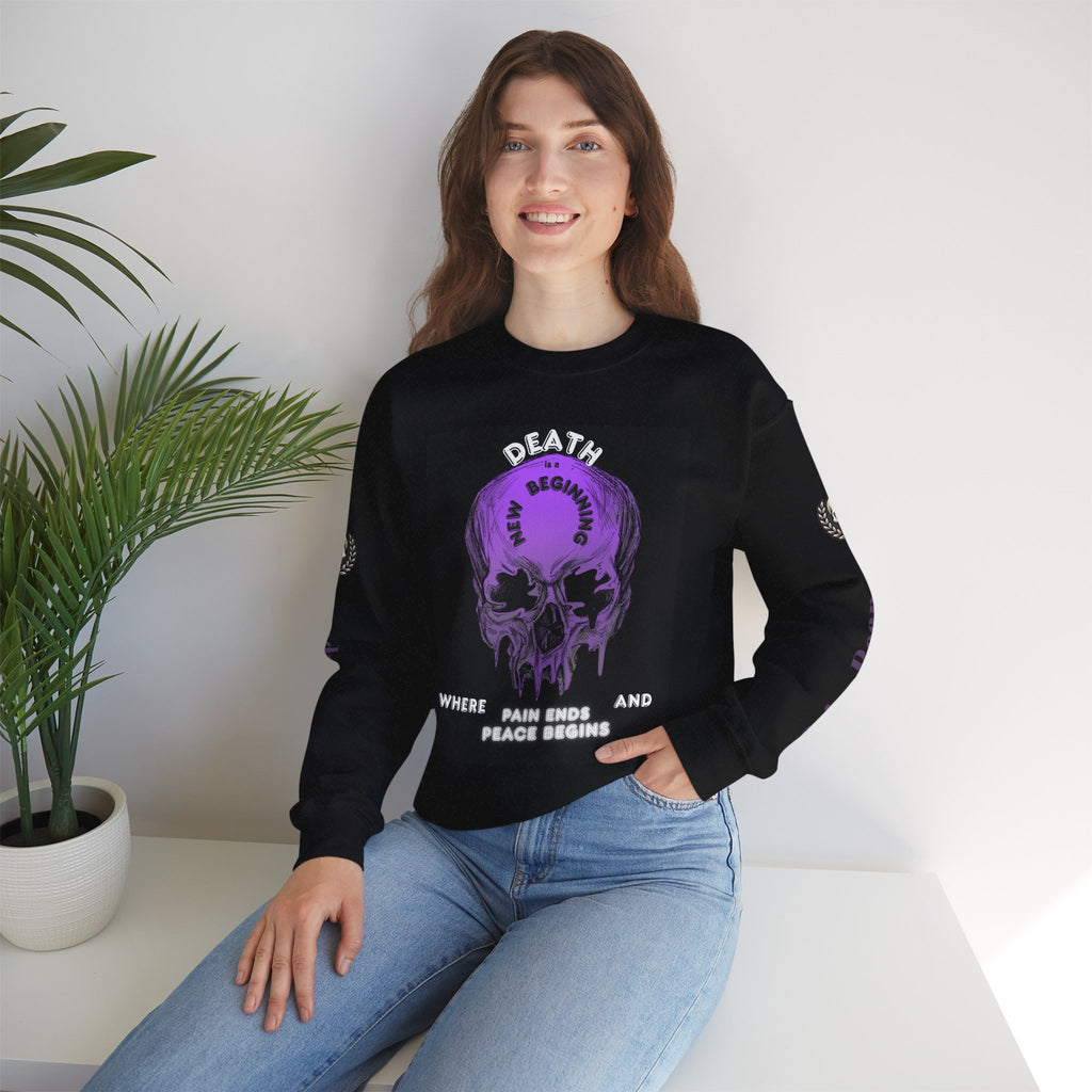 Death Skull Crewneck Sweatshirt — "Where Pain Ends and Peace Begins" Gothic Grim Reaper Pullover