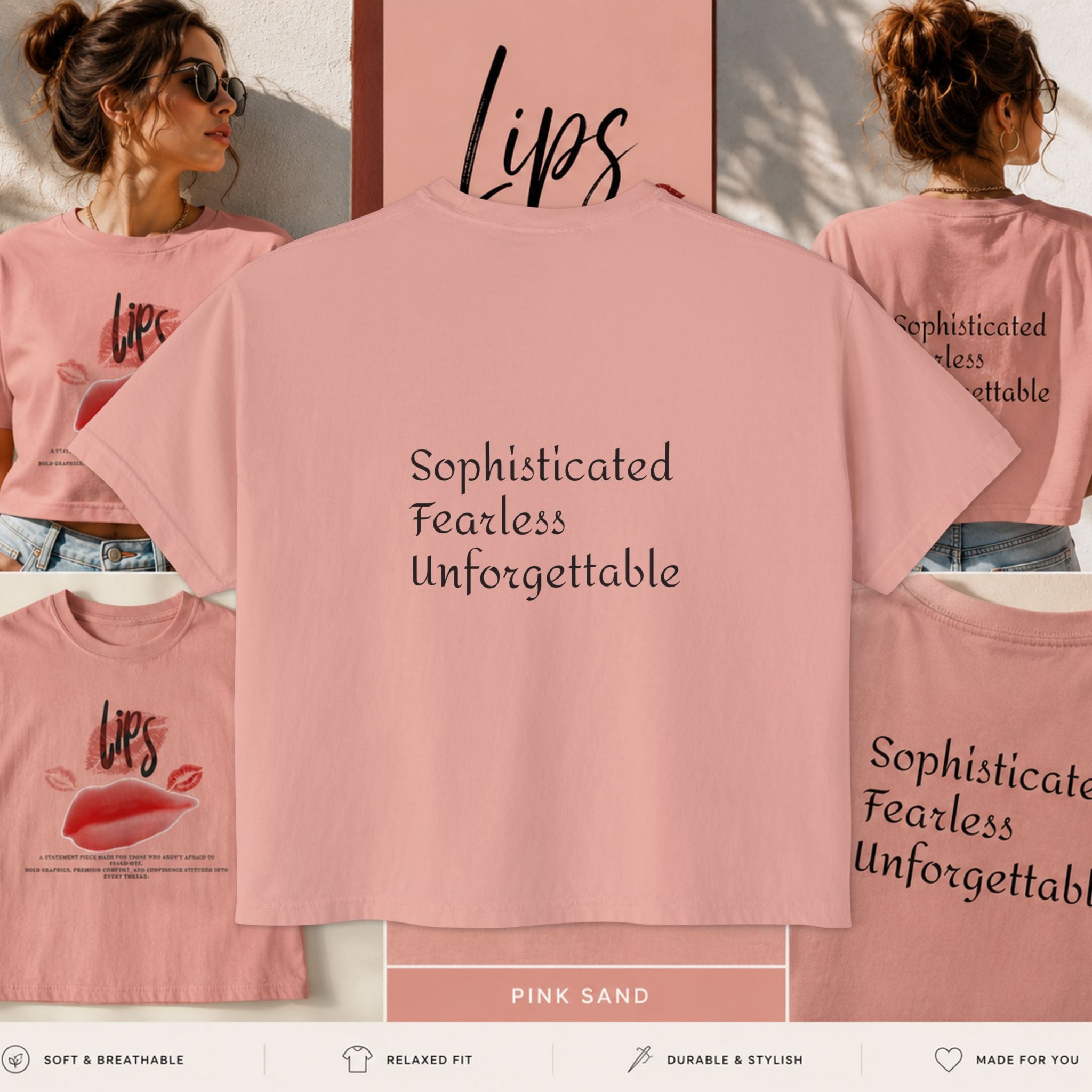 Boxy Tee - "Lips" Graphic Crop Shirt with Red Lip Print & "Sophisticated Fearless Unforgettable" Text