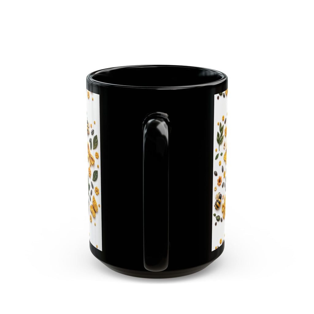 Sunflower & Honey Black Mug — Floral Bee Coffee Cup (11oz, 15oz)