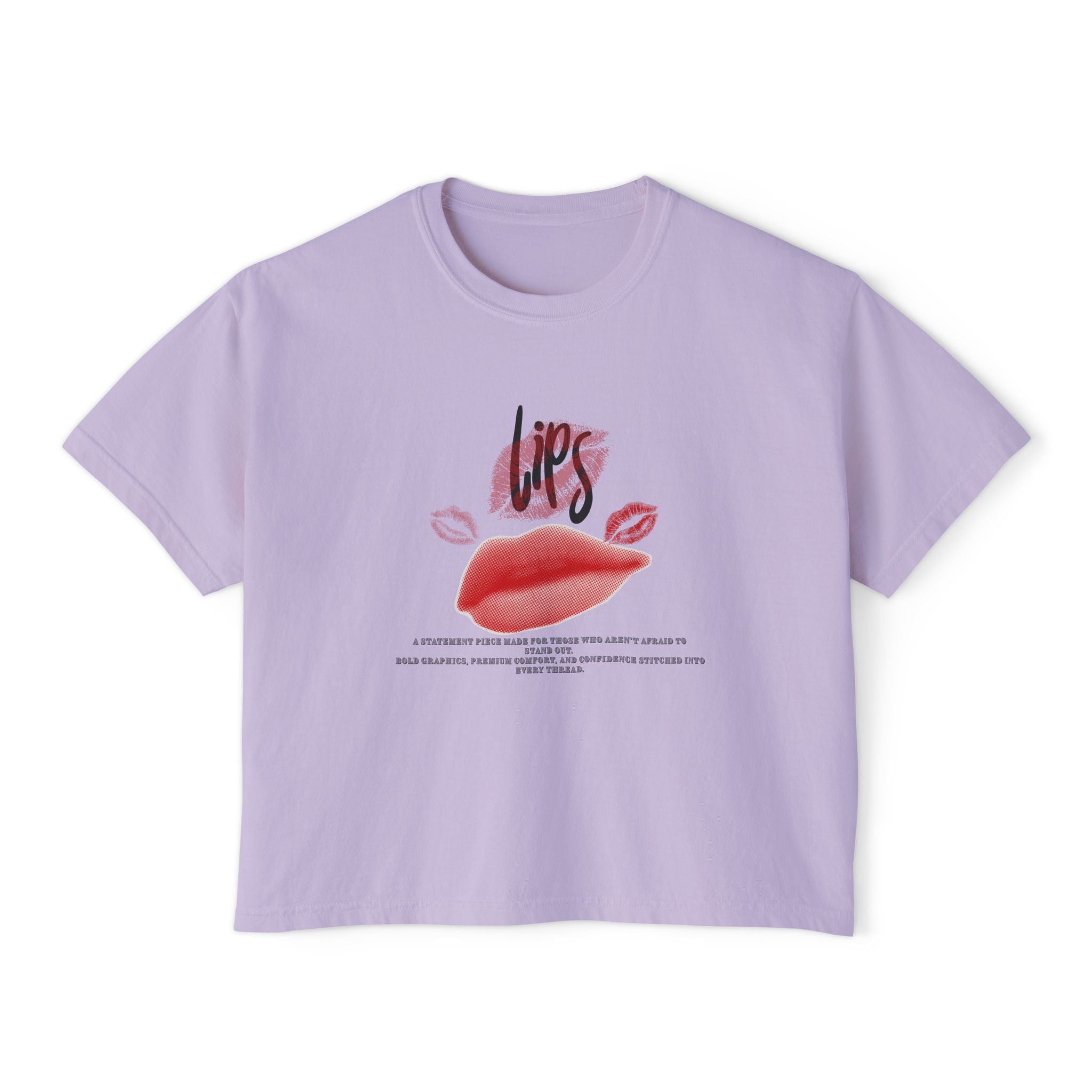 Boxy Tee - "Lips" Graphic Crop Shirt with Red Lip Print & "Sophisticated Fearless Unforgettable" Text