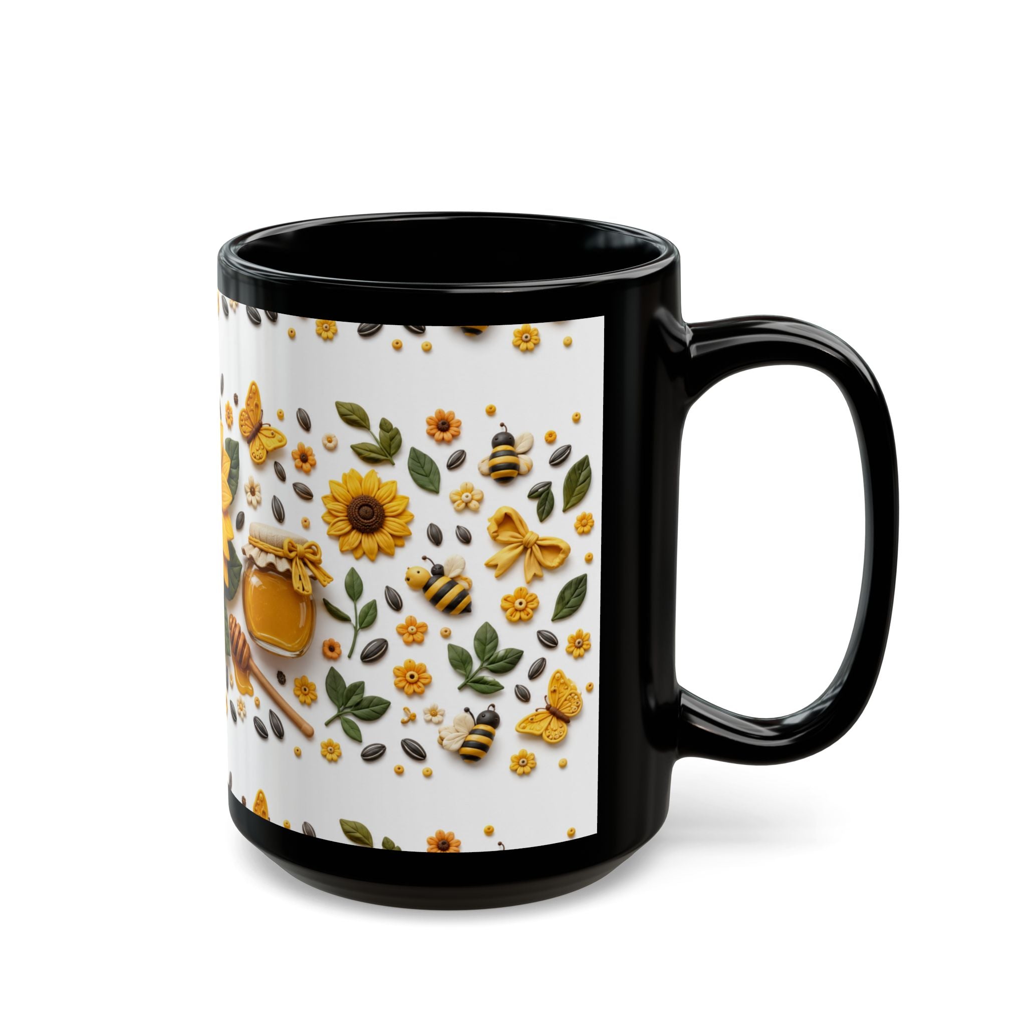 Sunflower & Honey Black Mug — Floral Bee Coffee Cup (11oz, 15oz)