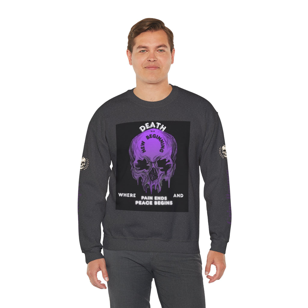Death Skull Crewneck Sweatshirt — "Where Pain Ends and Peace Begins" Gothic Grim Reaper Pullover