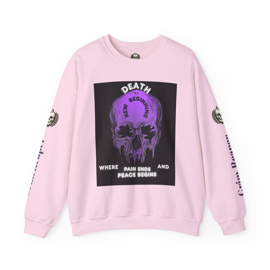 Death Skull Crewneck Sweatshirt — "Where Pain Ends and Peace Begins" Gothic Grim Reaper Pullover