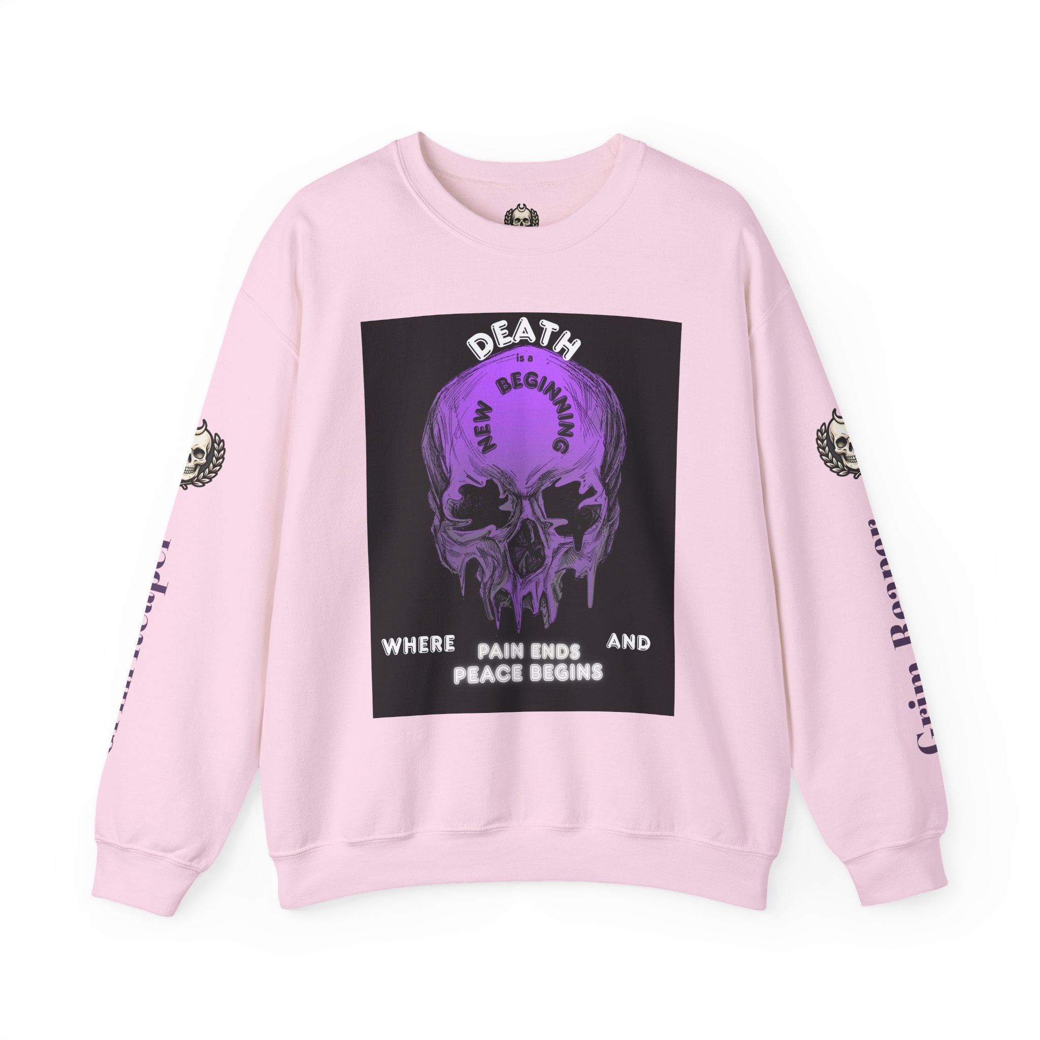 Death Skull Crewneck Sweatshirt — "Where Pain Ends and Peace Begins" Gothic Grim Reaper Pullover