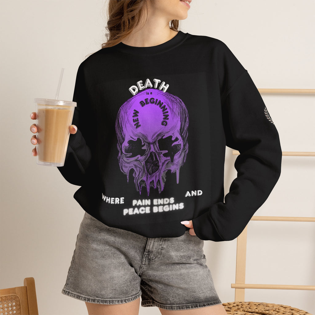 Death Skull Crewneck Sweatshirt — "Where Pain Ends and Peace Begins" Gothic Grim Reaper Pullover