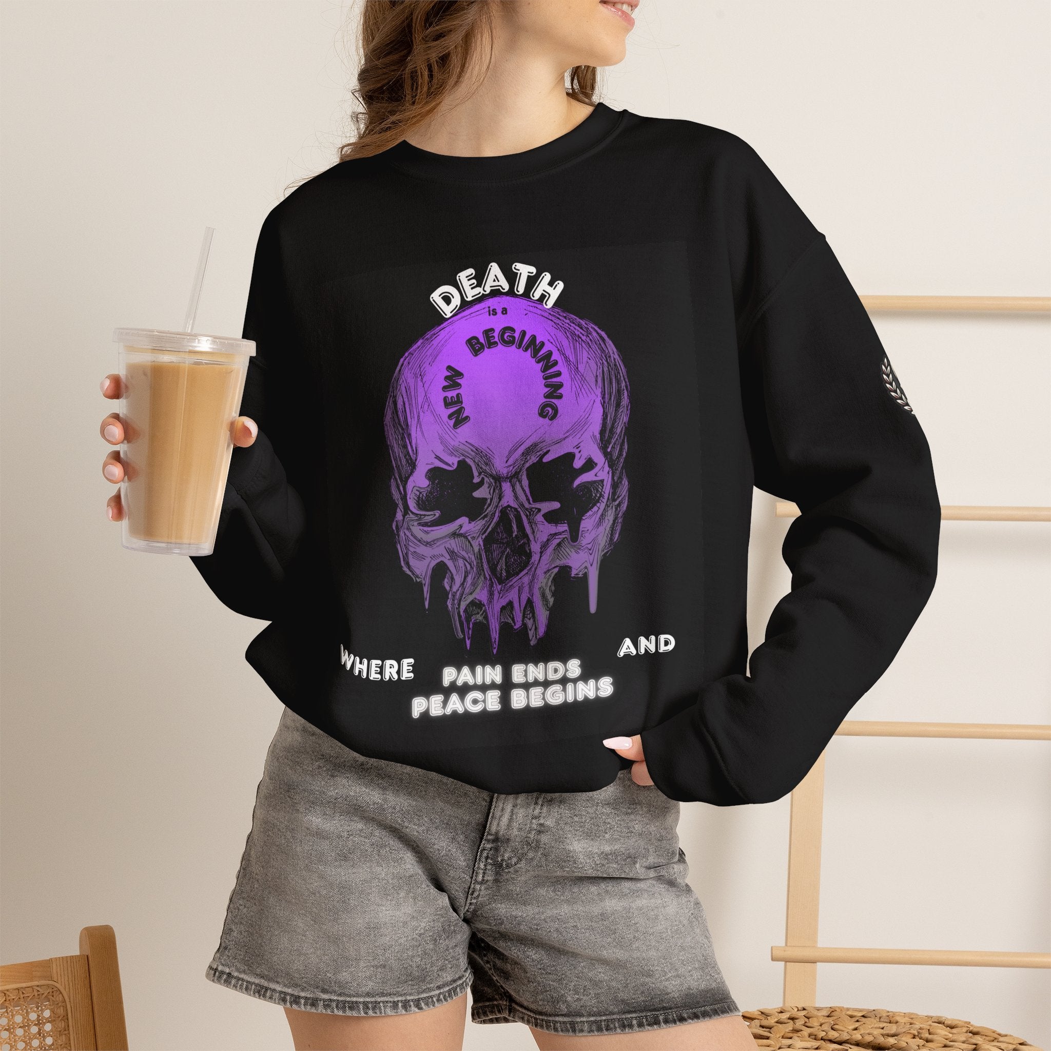 Death Skull Crewneck Sweatshirt — "Where Pain Ends and Peace Begins" Gothic Grim Reaper Pullover
