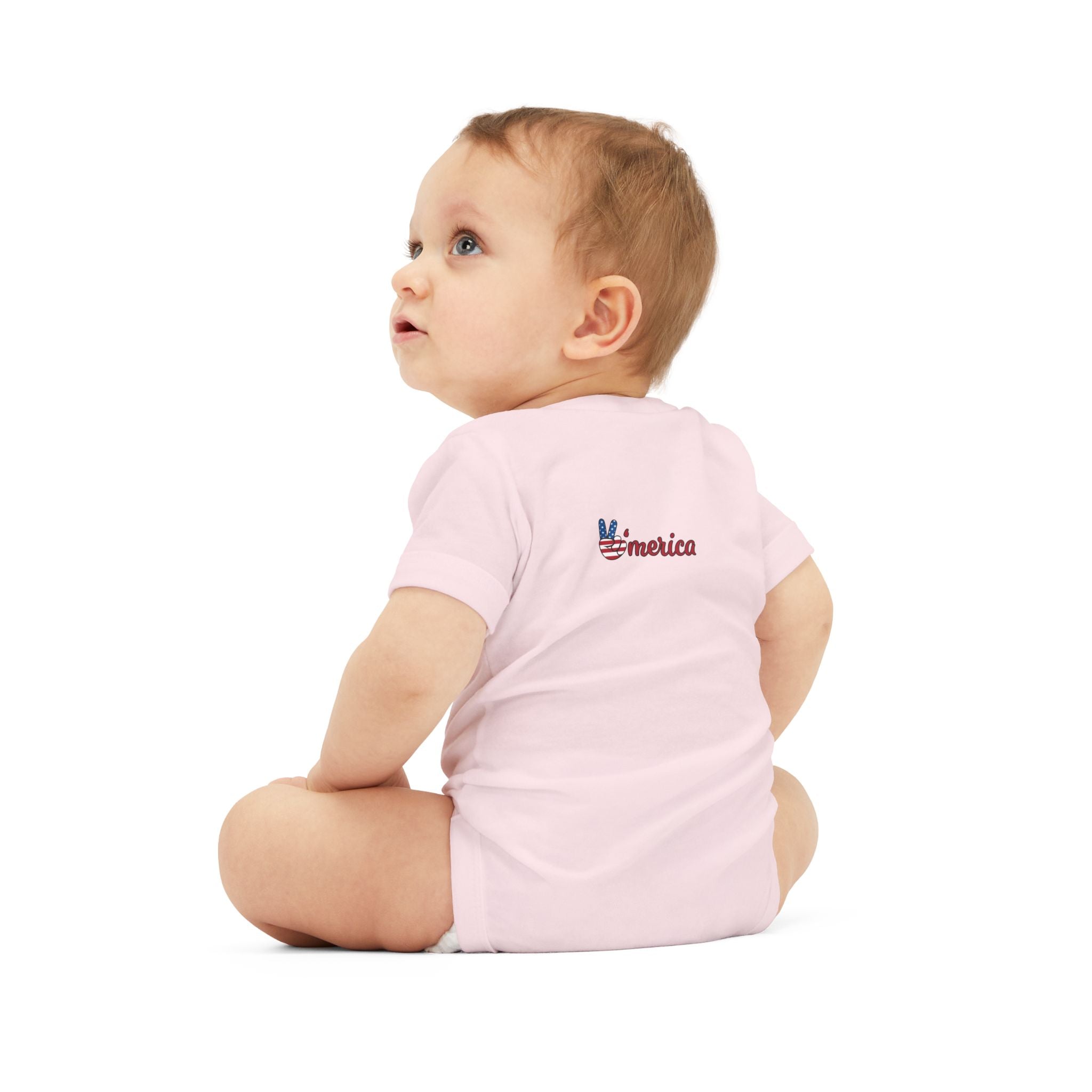 'Merica Baby Onesie – Patriotic Infant Jersey One-Piece with USA Flag Peace Hand Design
