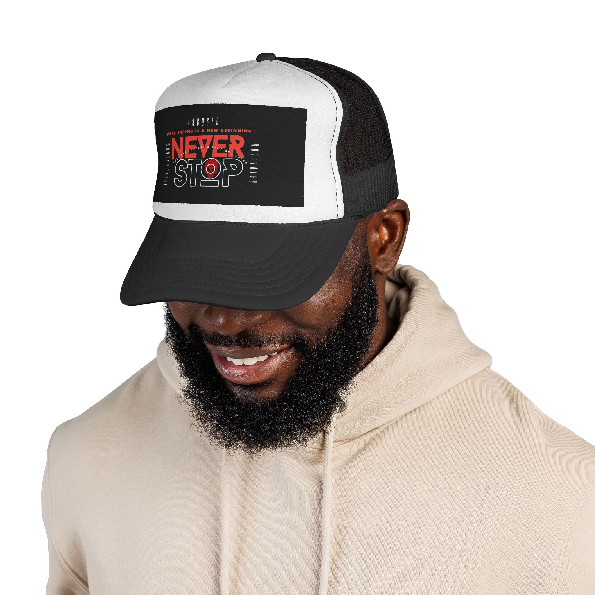 Never Stop Trucker Cap — Motivational Mesh Baseball Hat