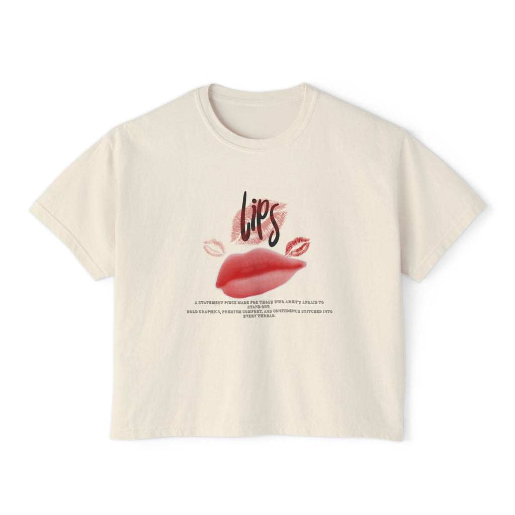 Boxy Tee - "Lips" Graphic Crop Shirt with Red Lip Print & "Sophisticated Fearless Unforgettable" Text