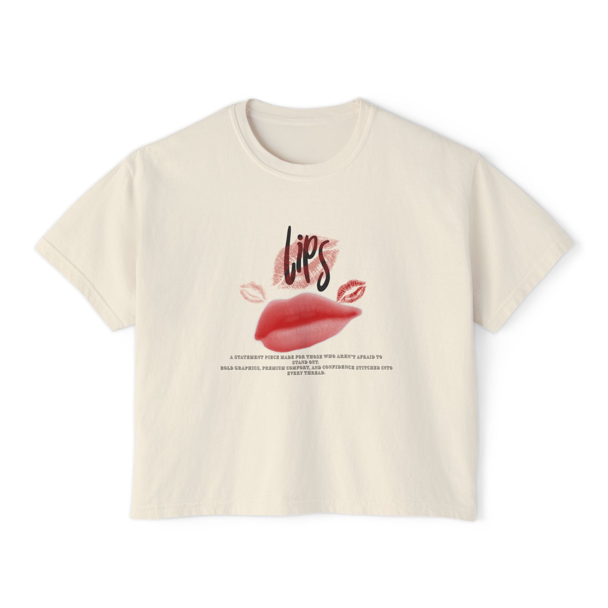 Boxy Tee - "Lips" Graphic Crop Shirt with Red Lip Print & "Sophisticated Fearless Unforgettable" Text