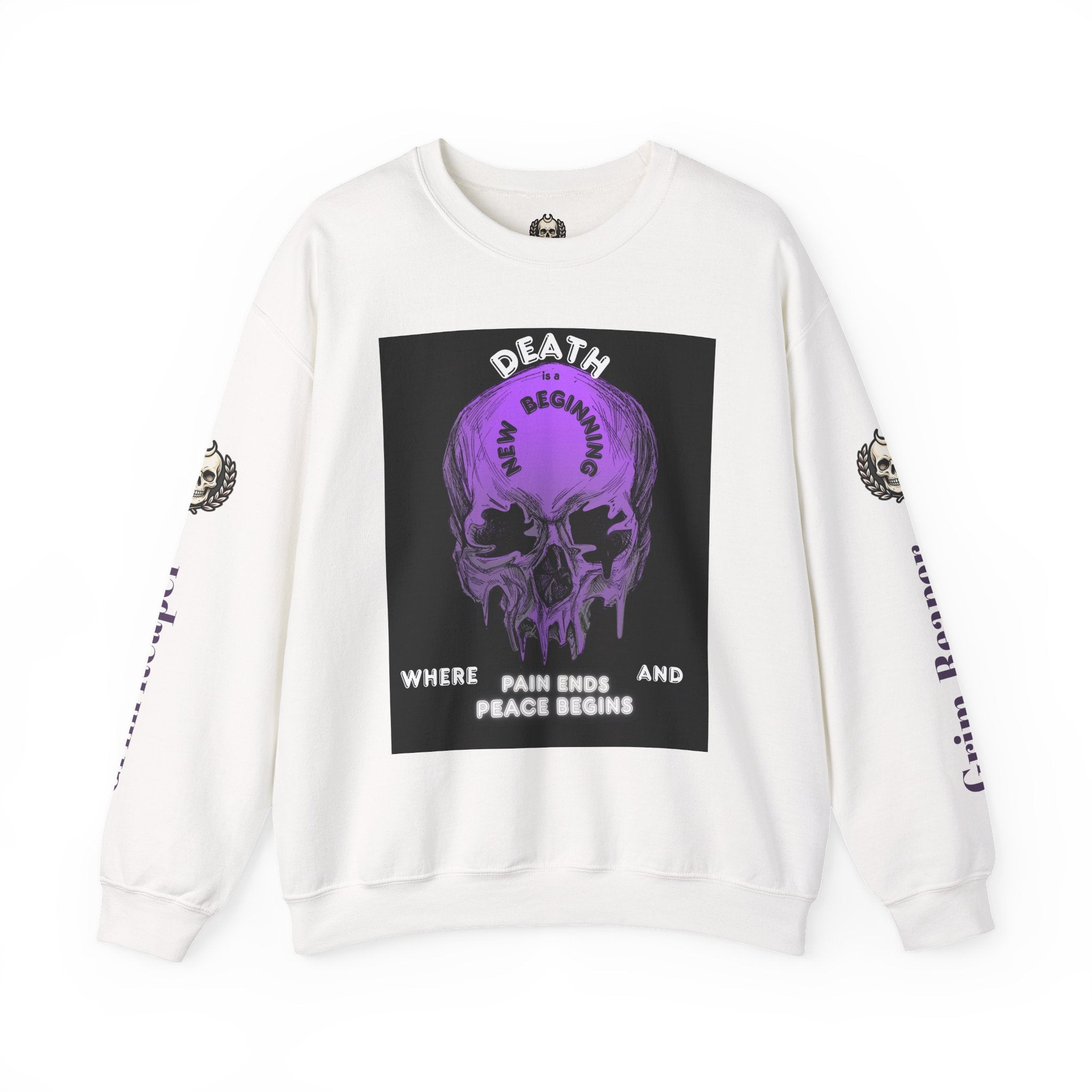 Death Skull Crewneck Sweatshirt — "Where Pain Ends and Peace Begins" Gothic Grim Reaper Pullover
