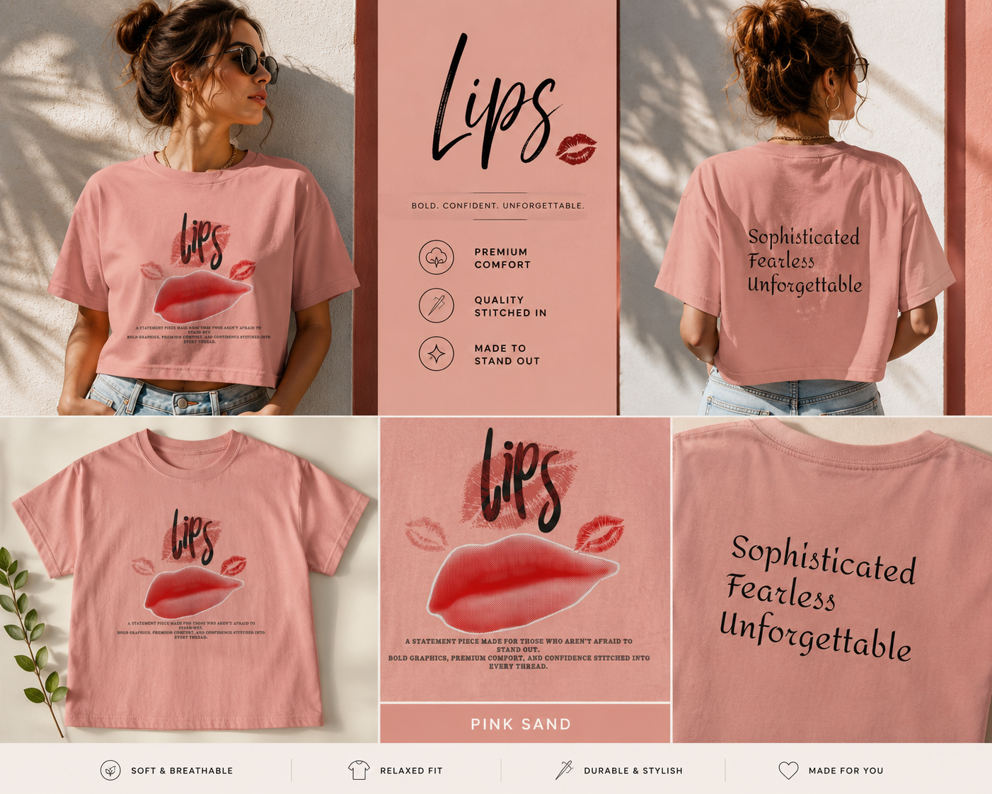 Boxy Tee - "Lips" Graphic Crop Shirt with Red Lip Print & "Sophisticated Fearless Unforgettable" Text