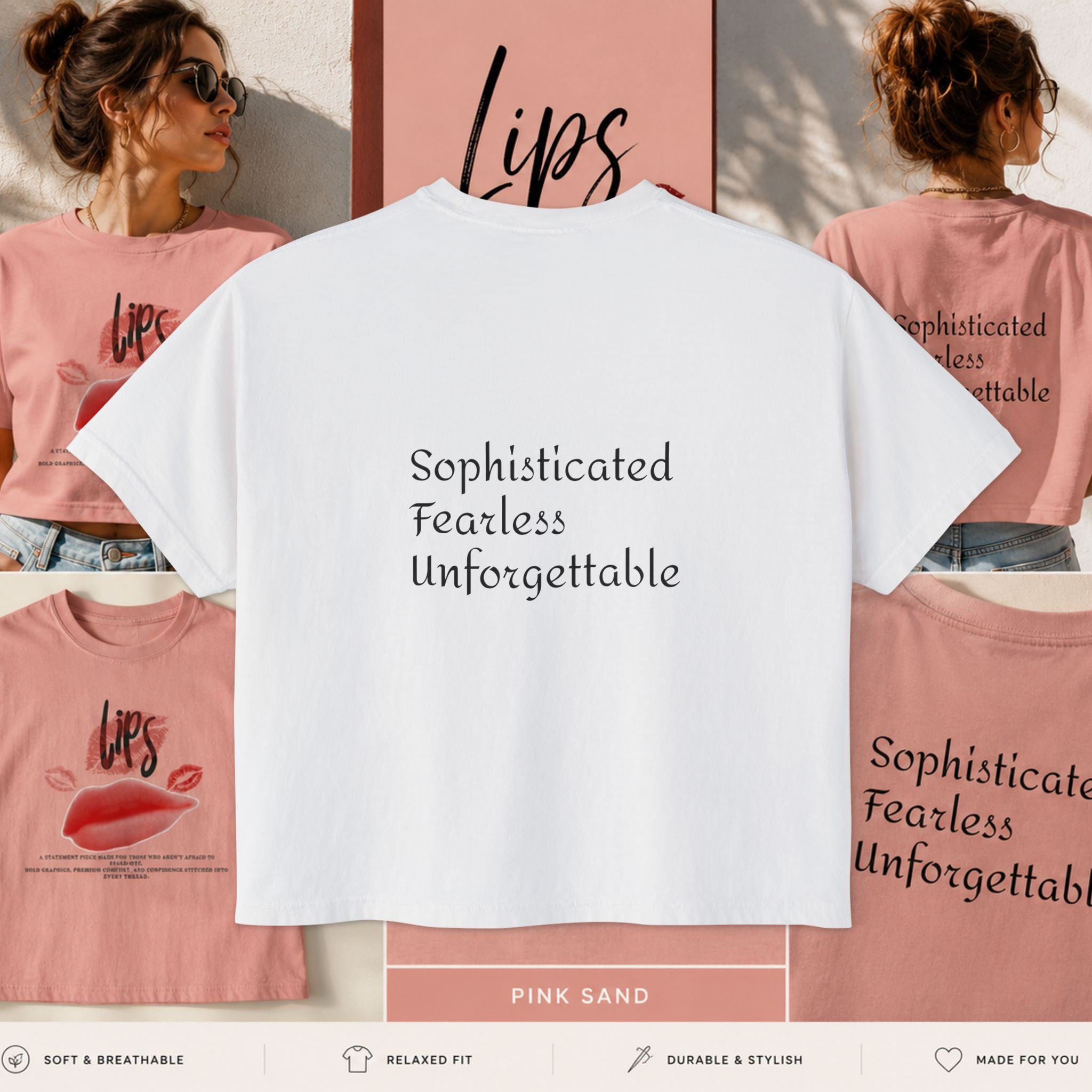 Boxy Tee - "Lips" Graphic Crop Shirt with Red Lip Print & "Sophisticated Fearless Unforgettable" Text