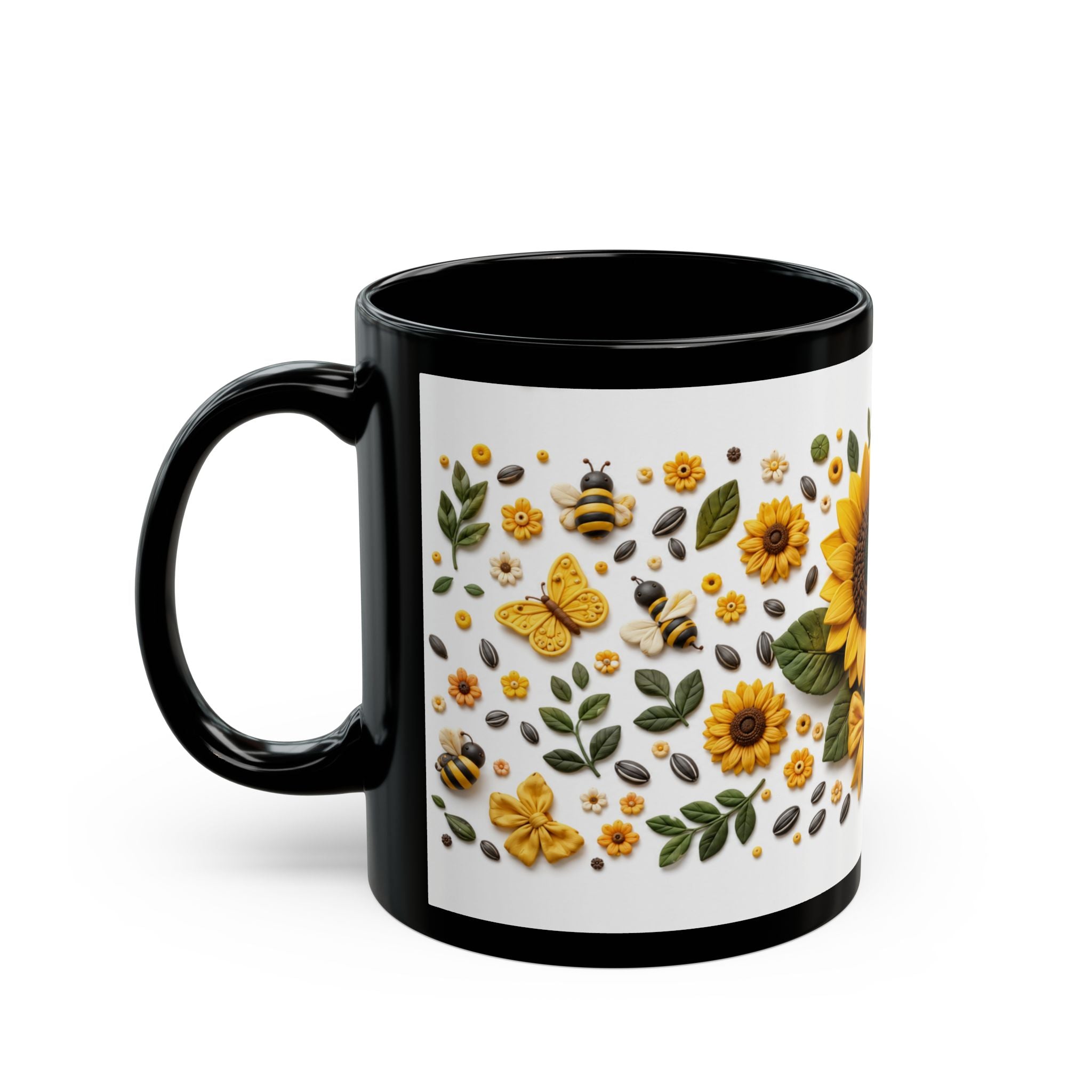 Sunflower & Honey Black Mug — Floral Bee Coffee Cup (11oz, 15oz)