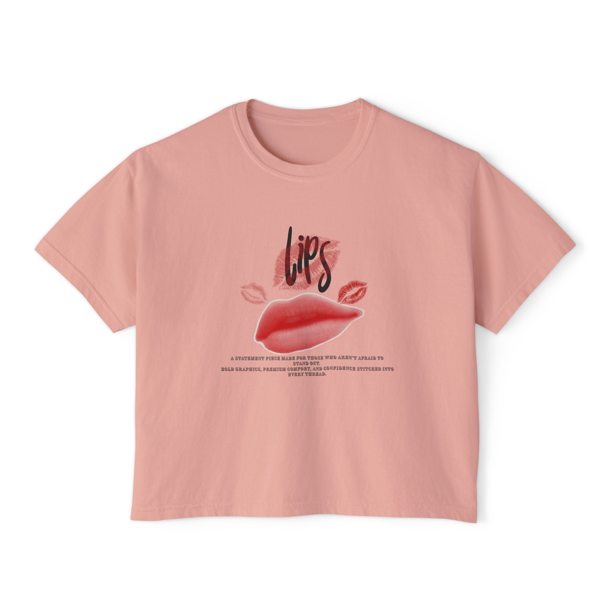 Boxy Tee - "Lips" Graphic Crop Shirt with Red Lip Print & "Sophisticated Fearless Unforgettable" Text