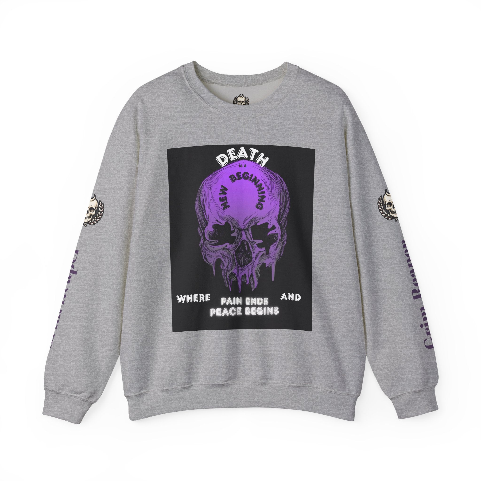 Death Skull Crewneck Sweatshirt — "Where Pain Ends and Peace Begins" Gothic Grim Reaper Pullover