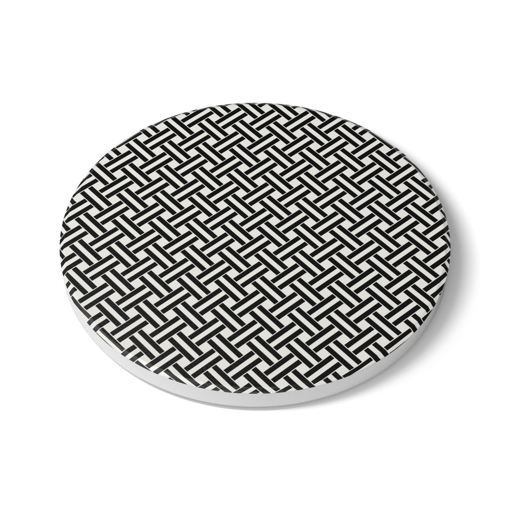 Black & White Woven Pattern Ceramic Coaster — Round Geometric Drink Mat