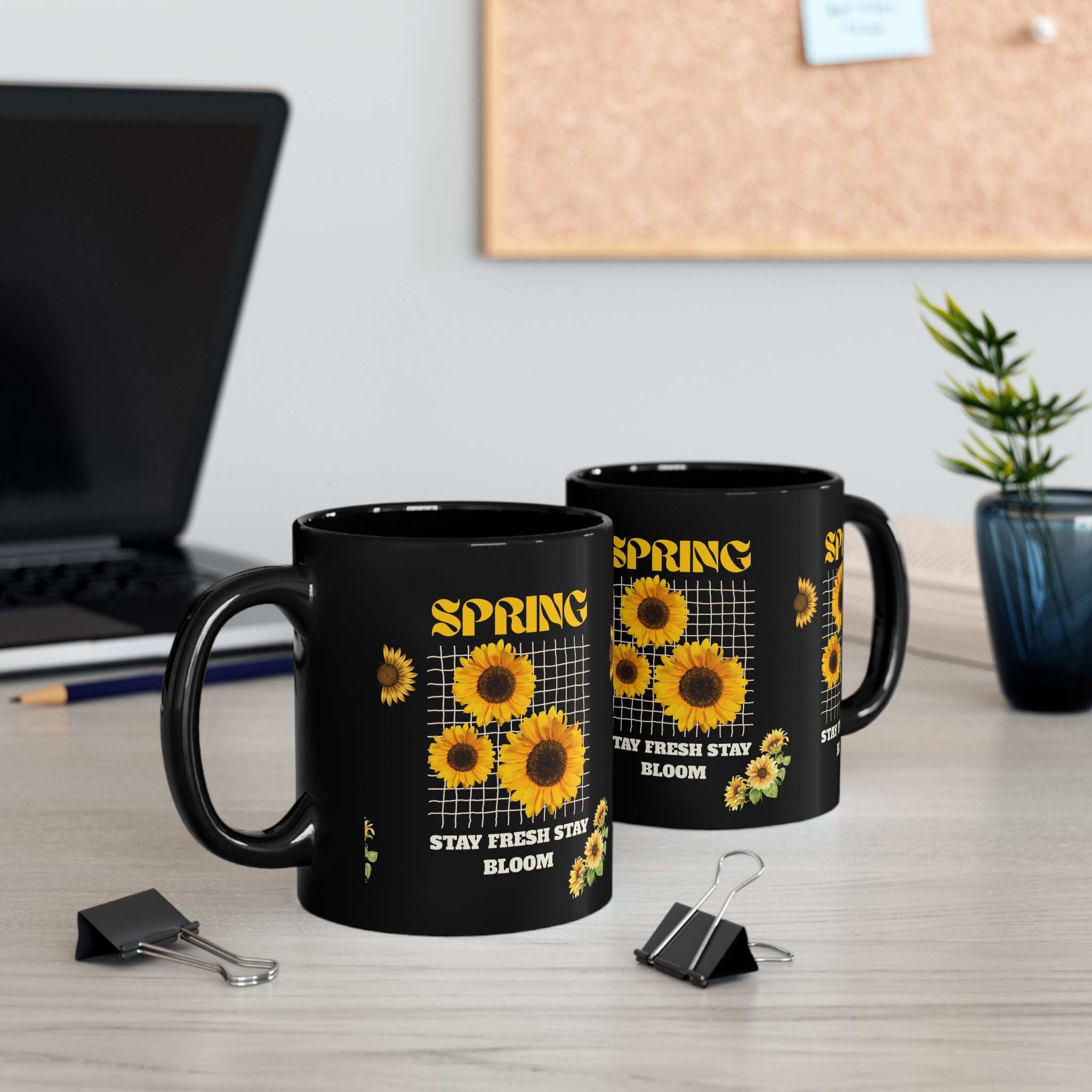 Spring Sunflowers Black Mug – “Stay Fresh Stay Bloom” 11oz/15oz