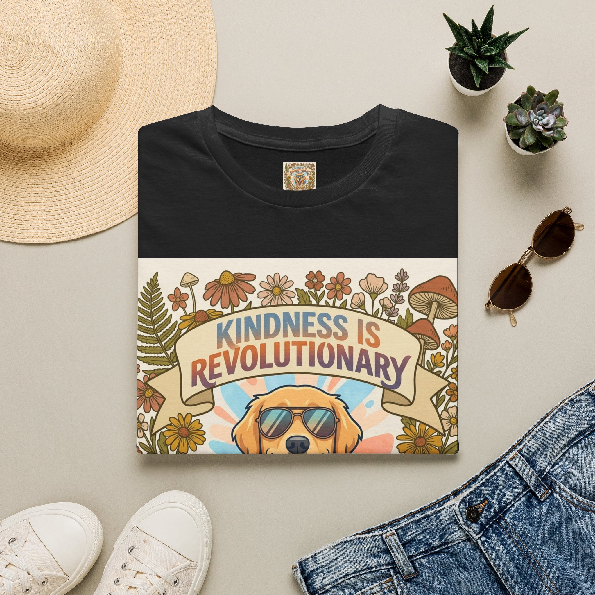 Kindness Is Revolutionary Graphic T-Shirt — Retro Dog Floral Design