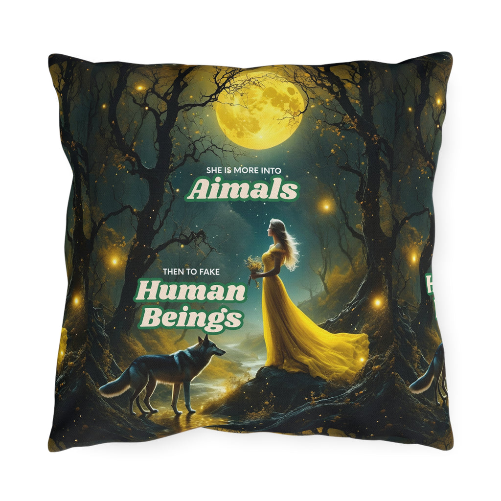 Outdoor Pillow — "She Is More Into Animals Than To Fake Human Beings" Moonlit Forest Design