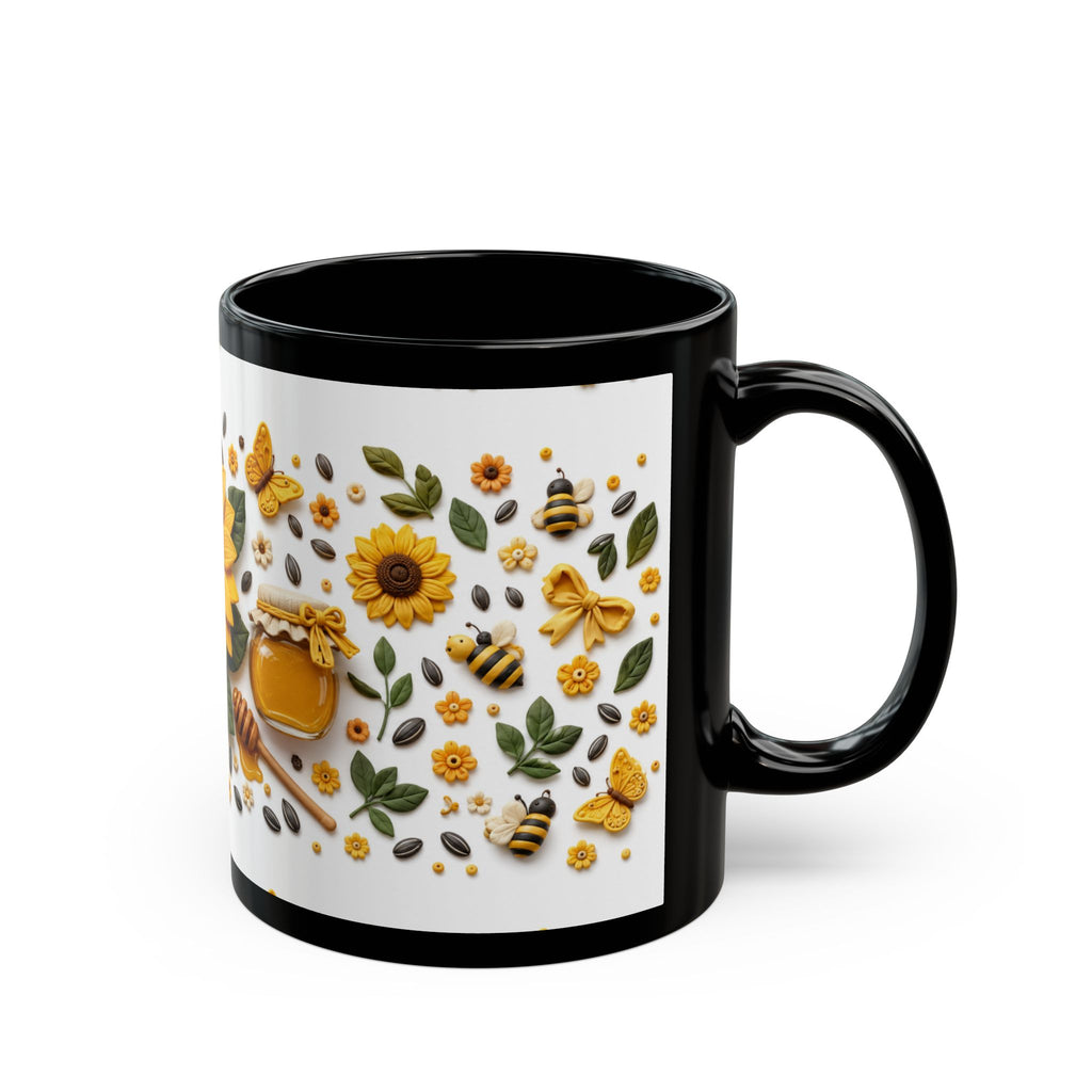 Sunflower & Honey Black Mug — Floral Bee Coffee Cup (11oz, 15oz)