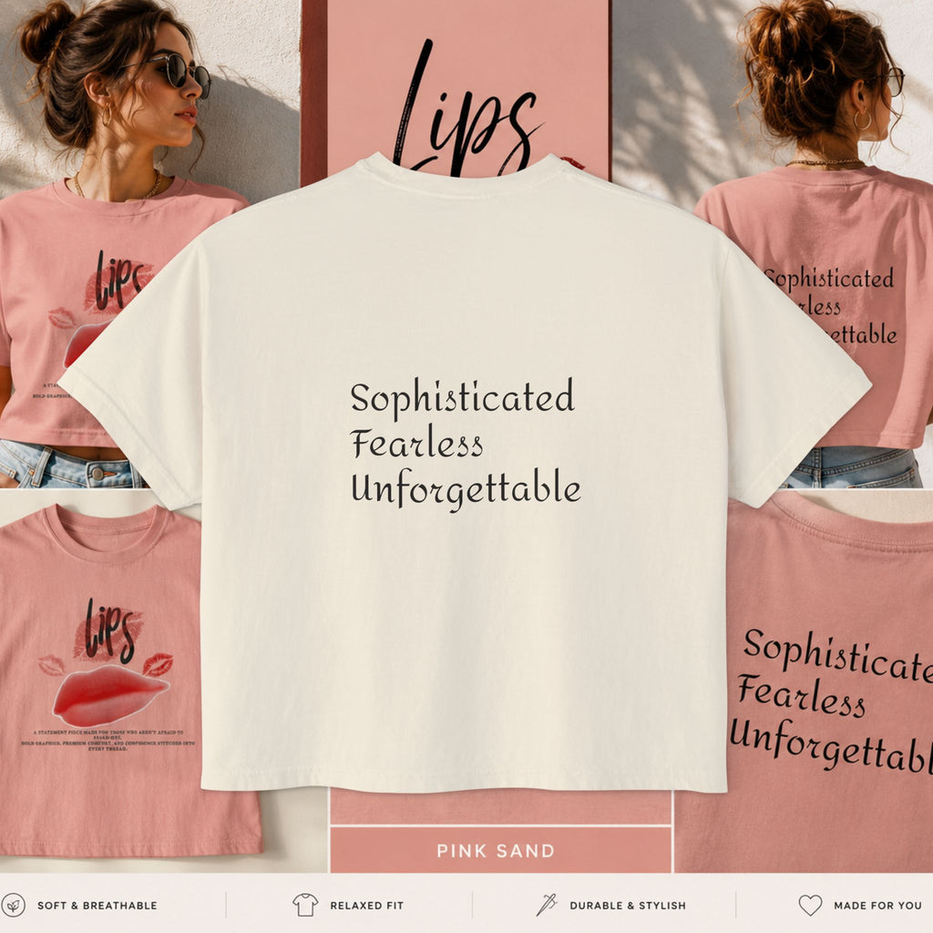 Boxy Tee - "Lips" Graphic Crop Shirt with Red Lip Print & "Sophisticated Fearless Unforgettable" Text