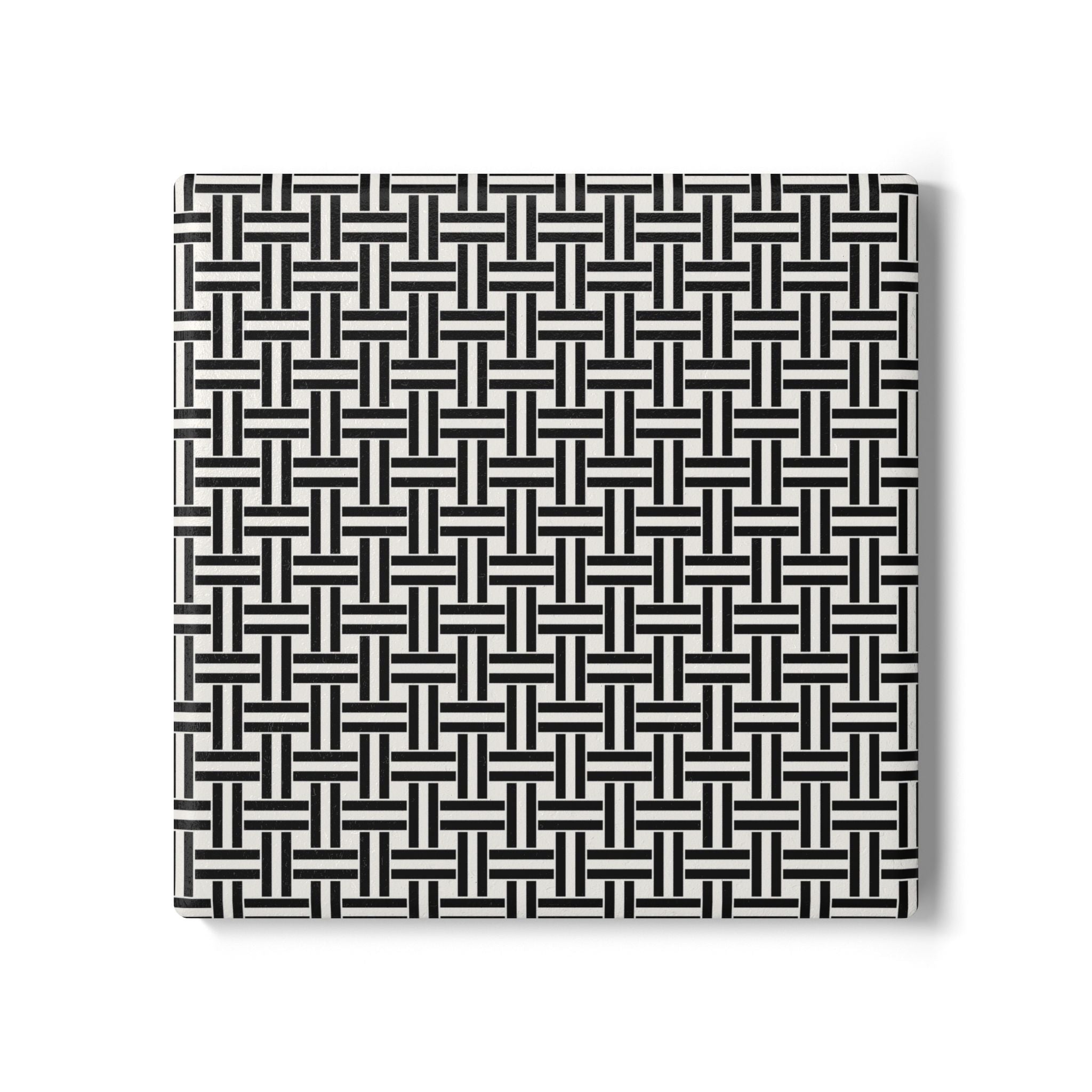 Black & White Woven Pattern Ceramic Coaster — Round Geometric Drink Mat