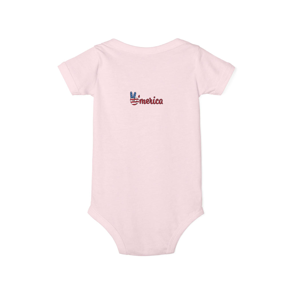 'Merica Baby Onesie – Patriotic Infant Jersey One-Piece with USA Flag Peace Hand Design