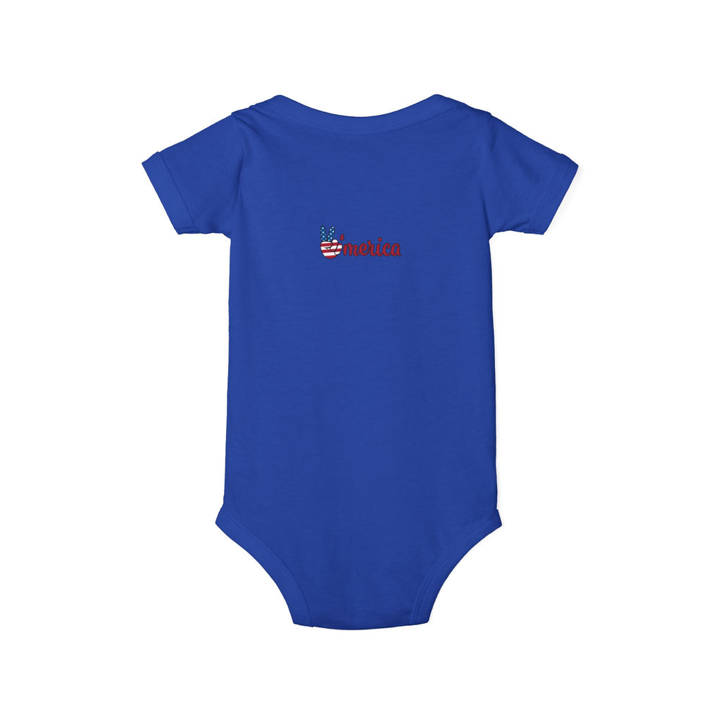 'Merica Baby Onesie – Patriotic Infant Jersey One-Piece with USA Flag Peace Hand Design