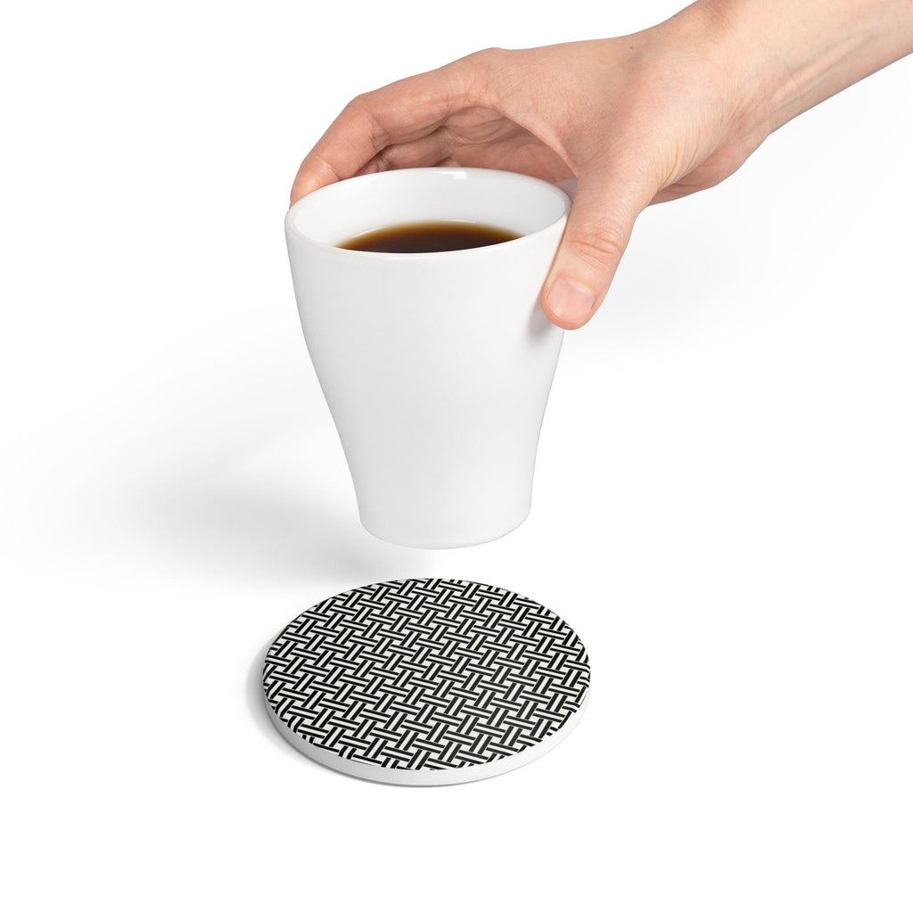 Black & White Woven Pattern Ceramic Coaster — Round Geometric Drink Mat