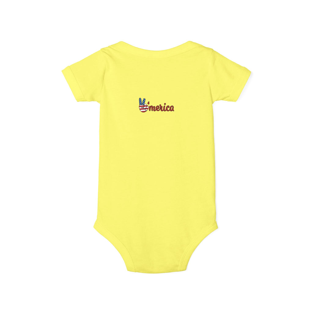 'Merica Baby Onesie – Patriotic Infant Jersey One-Piece with USA Flag Peace Hand Design