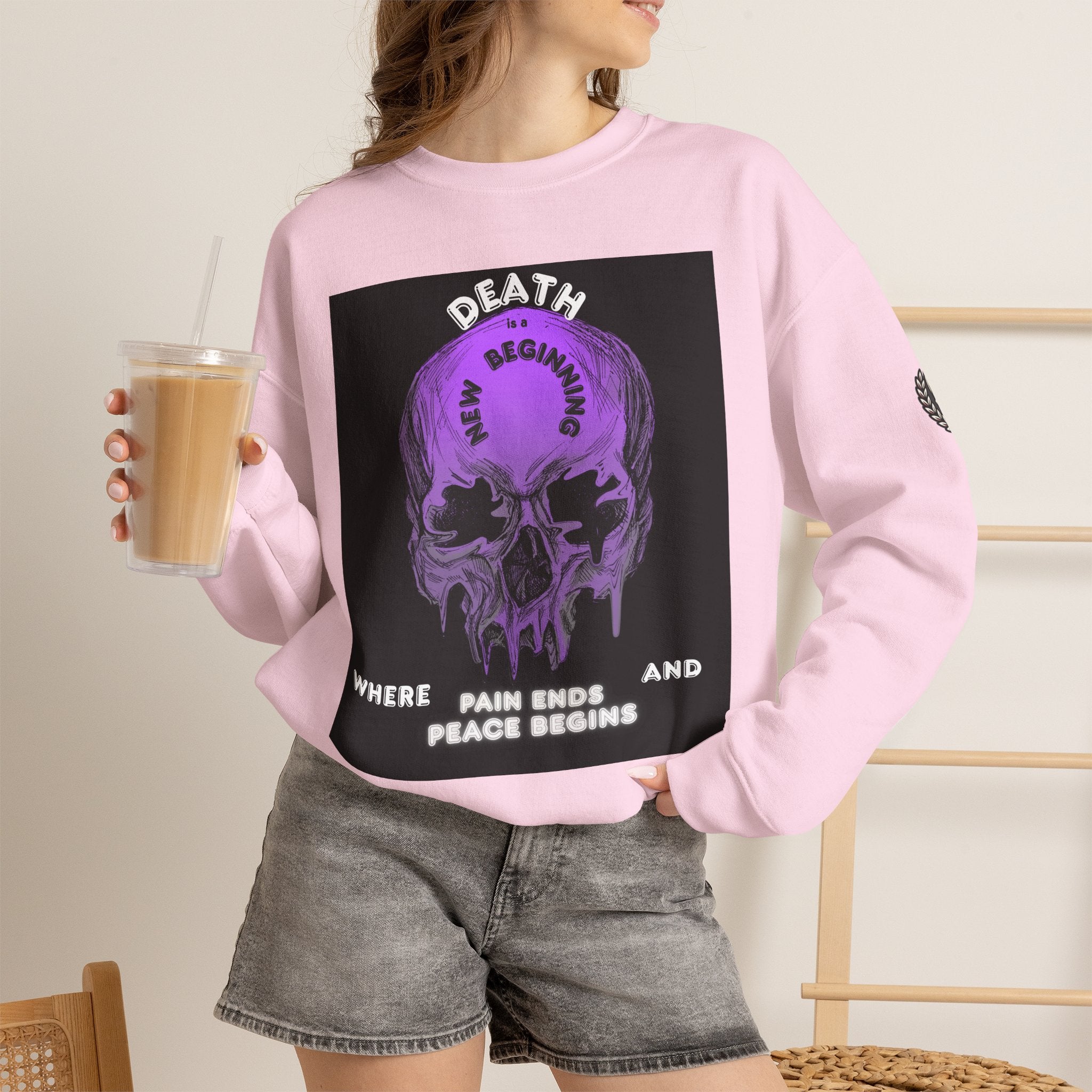 Death Skull Crewneck Sweatshirt — "Where Pain Ends and Peace Begins" Gothic Grim Reaper Pullover