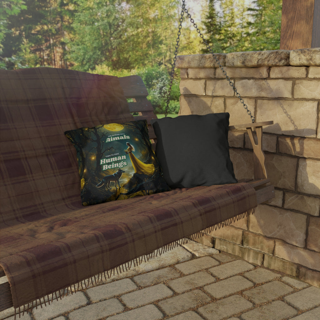 Outdoor Pillow — "She Is More Into Animals Than To Fake Human Beings" Moonlit Forest Design