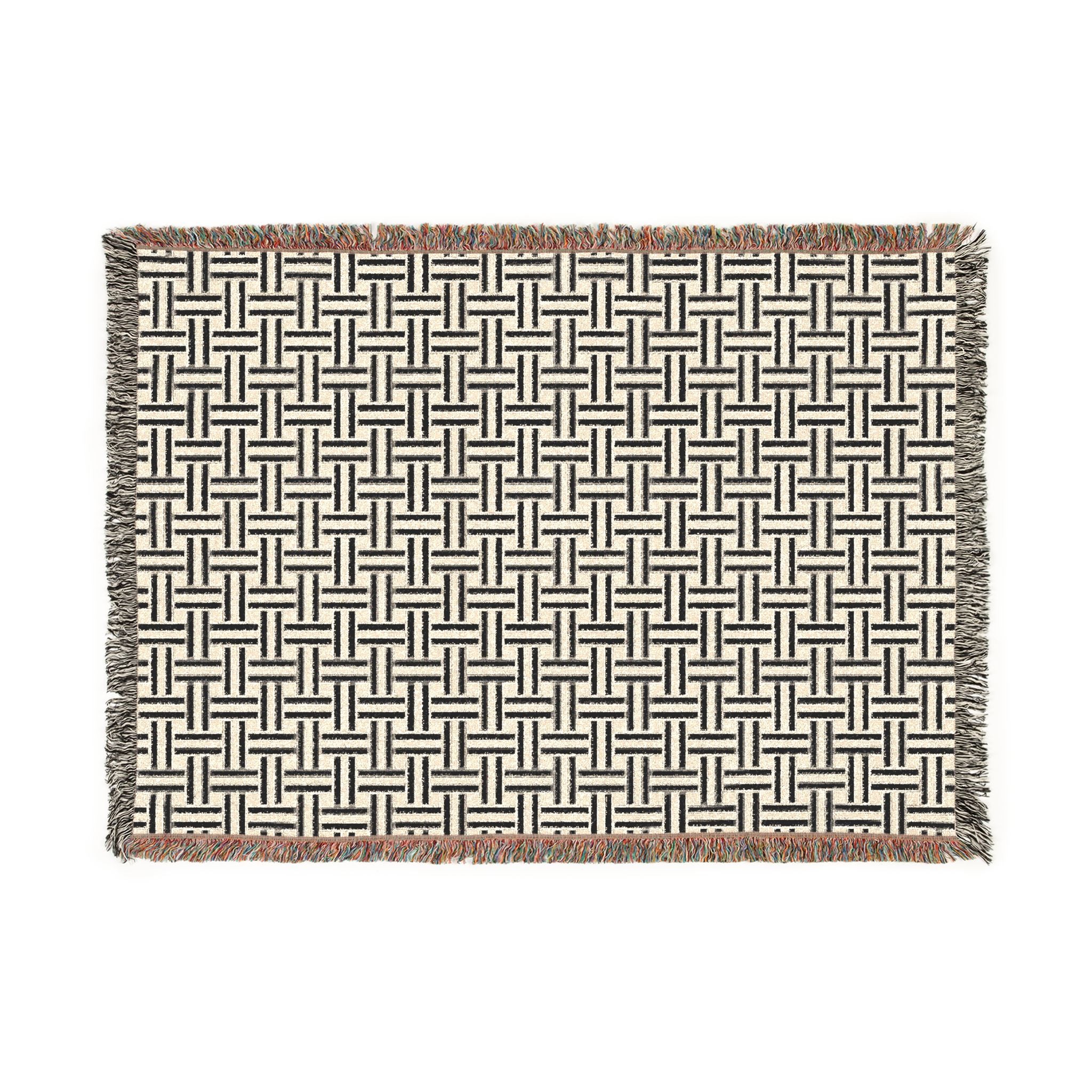 Woven Blanket — Neutral Geometric Throw Blanket, Basketweave Pattern Cozy Home Decor