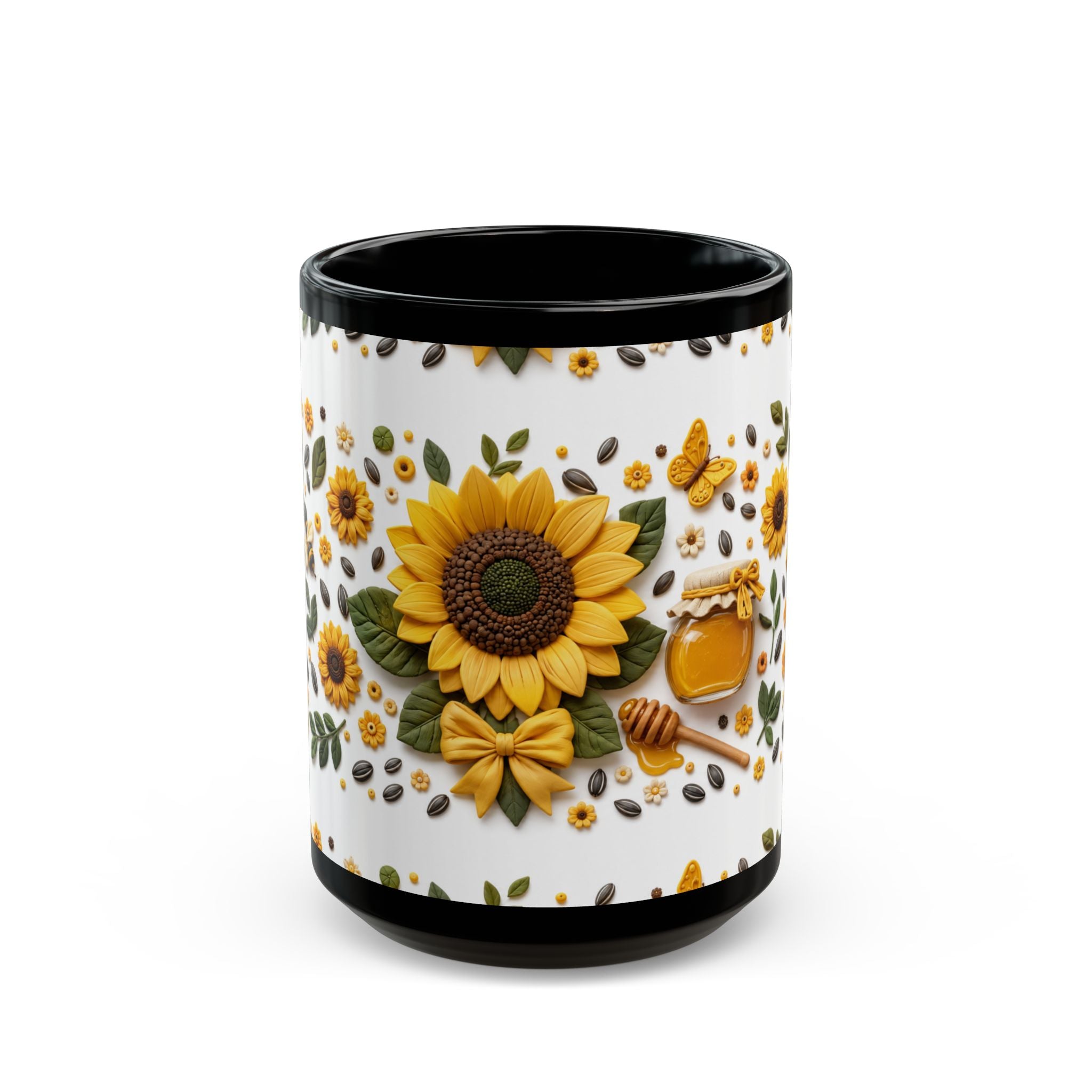 Sunflower Bee Coffee Mug | Floral Honey Bee Black Mug Gift | 11oz & 15oz Ceramic Cup