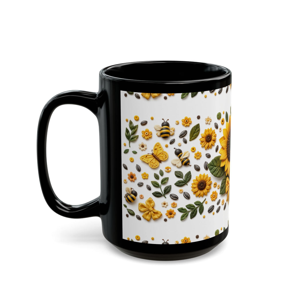 Sunflower & Honey Black Mug — Floral Bee Coffee Cup (11oz, 15oz)